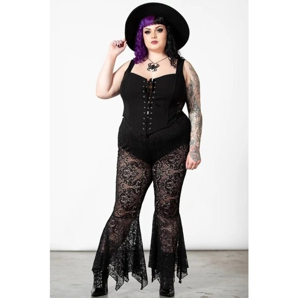 Killstar Spectral Lure Lace Bell Bottoms Flares Plus Size 4XL Black Goth Pants - Picture 1 of 4